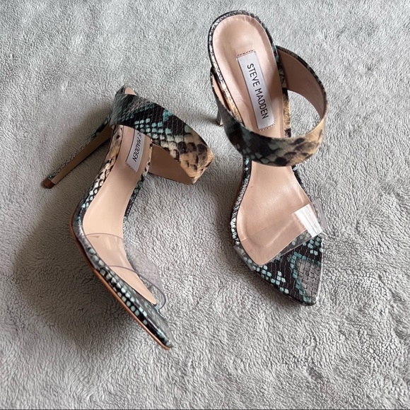 Steve Madden Amaya Clear Slide Sandal Blue Snake Reptile Print Leather Y2K Sz 7 - Picture 1 of 15